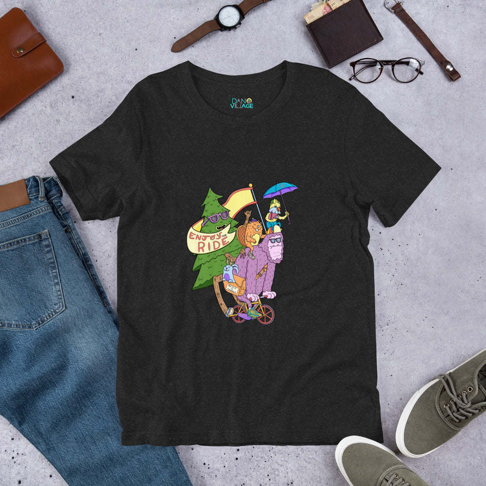 Gift for cyclists and commuters, a hand-drawn sasquatch cycling tee by Danvillage Art Lab