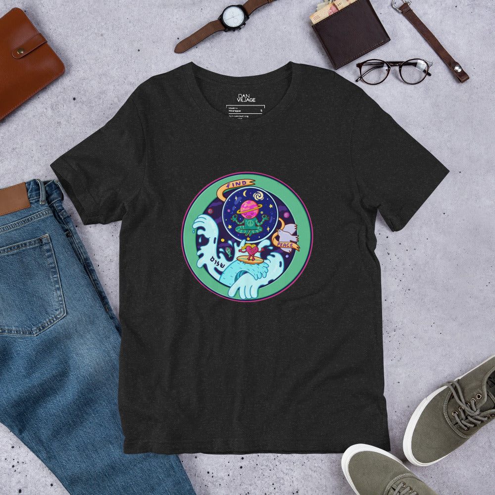 Gift for yoga and meditation people, an illustrated Find Peace tee by Danvillage Art Lab