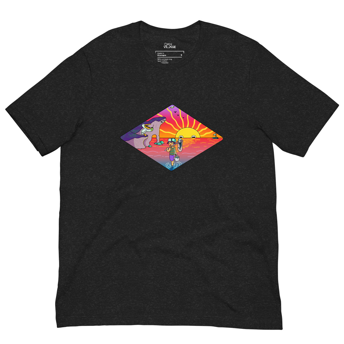 Colourful island scene artwork on a graphic t-shirt for beach and ocean people