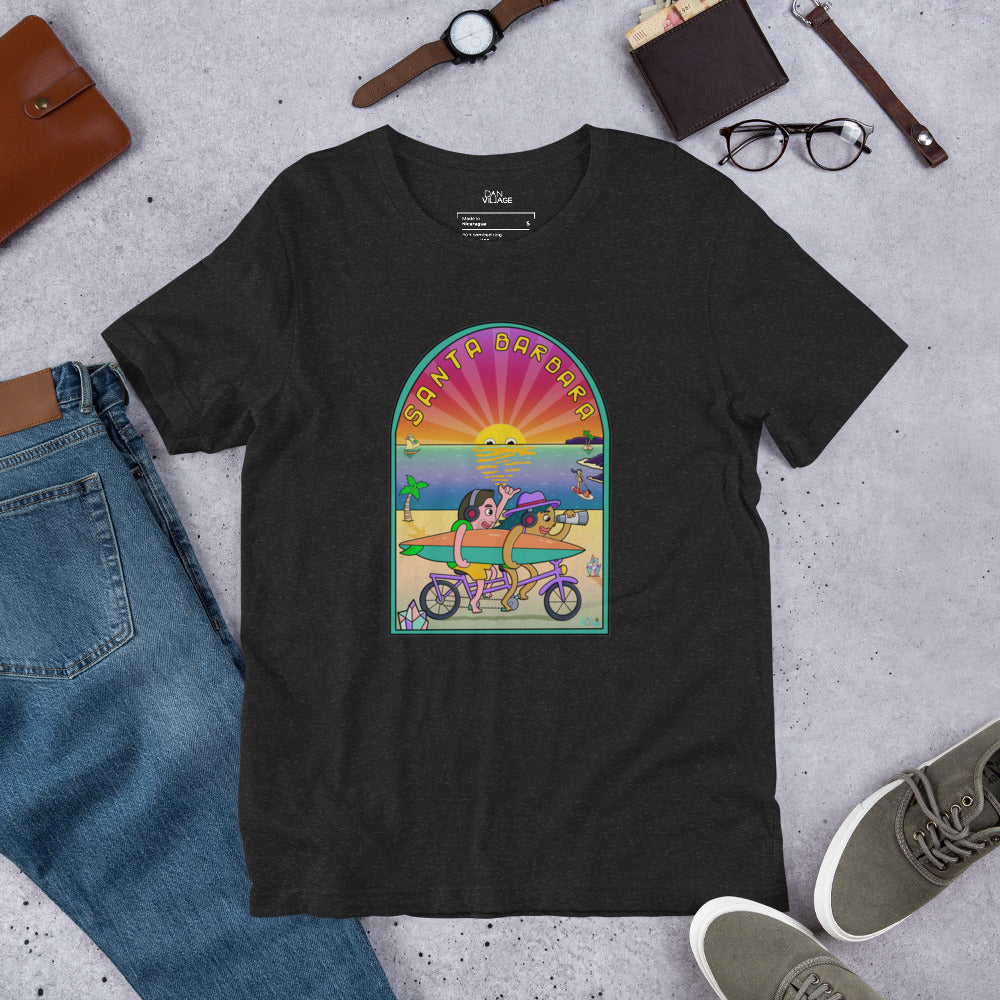 Hand-drawn Santa Barbara beach artwork on a colourful everyday graphic t-shirt