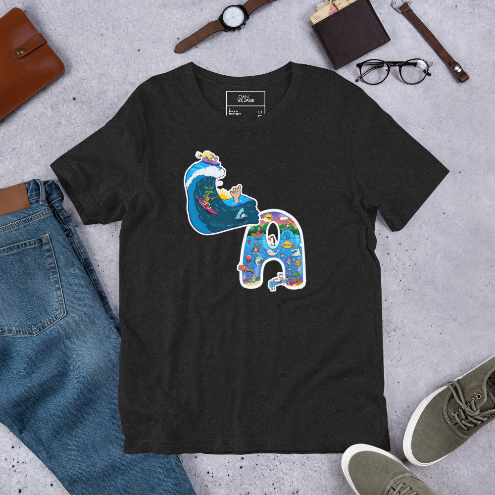 Gift-ready beach graphic t-shirt for homesick Angelenos, featuring a hand-drawn west coast surf design