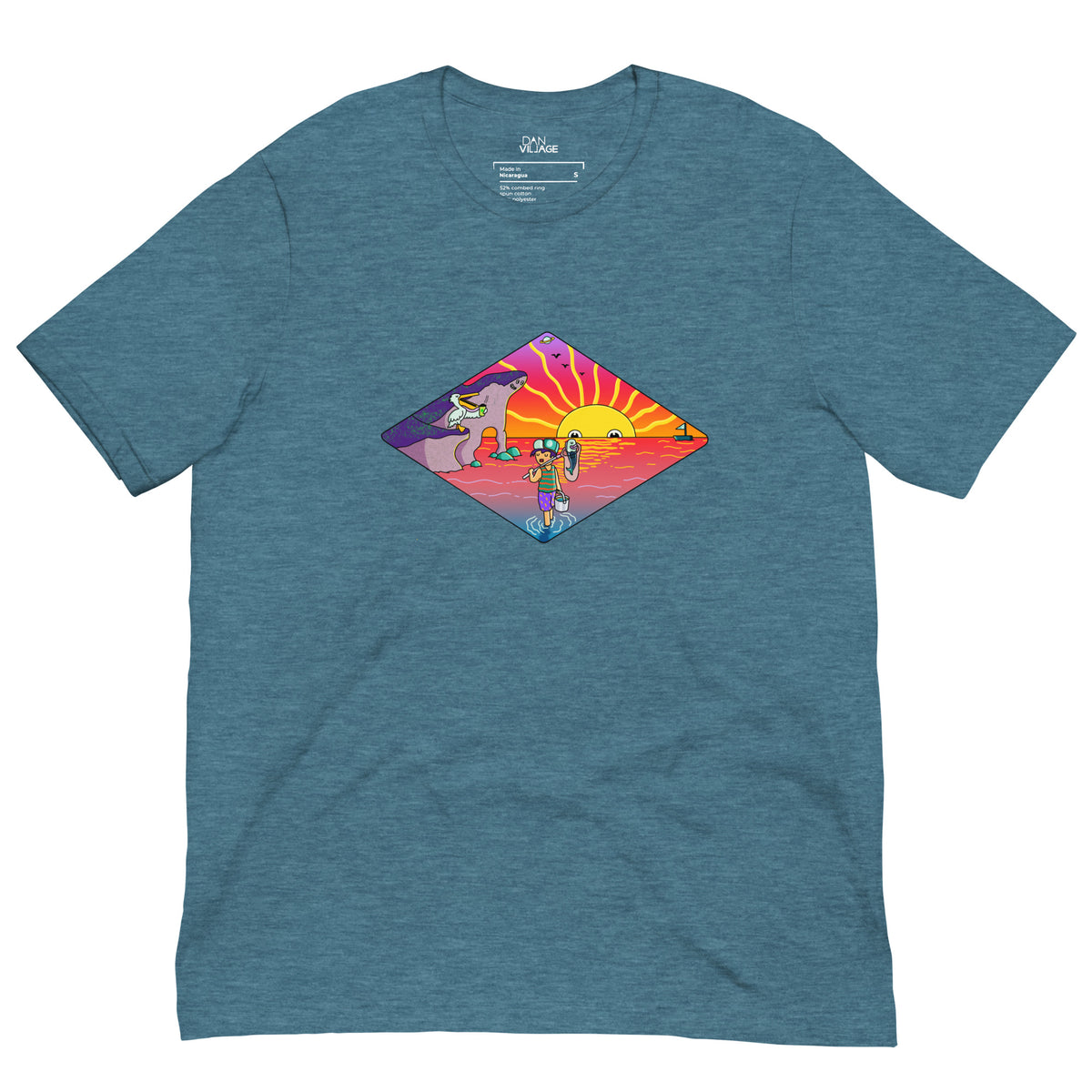Warm illustrated sunset artwork on an original graphic t-shirt for moms and dads