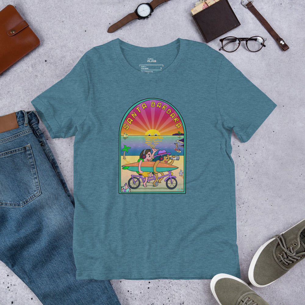 Colourful hometown artwork on a Santa Barbara graphic t-shirt for moms and dads