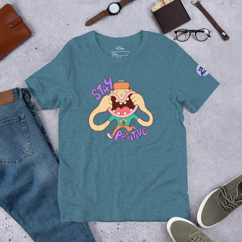 Stay Positive graphic t-shirt for good vibes seekers, drawn in popwhimsy style