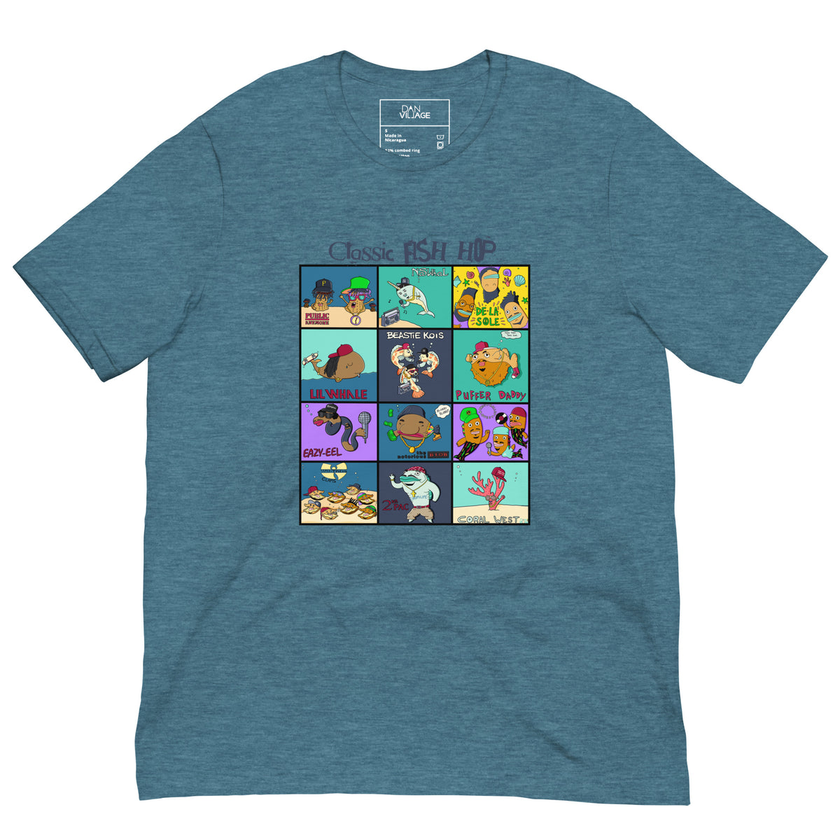 Classic Fish Hop artwork on an illustrated music t-shirt for 90s hip hop fans