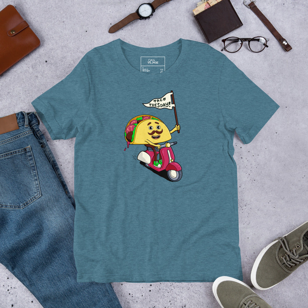 Gift-ready funny graphic tee for the corn versus flour debate, featuring an illustrated taco design