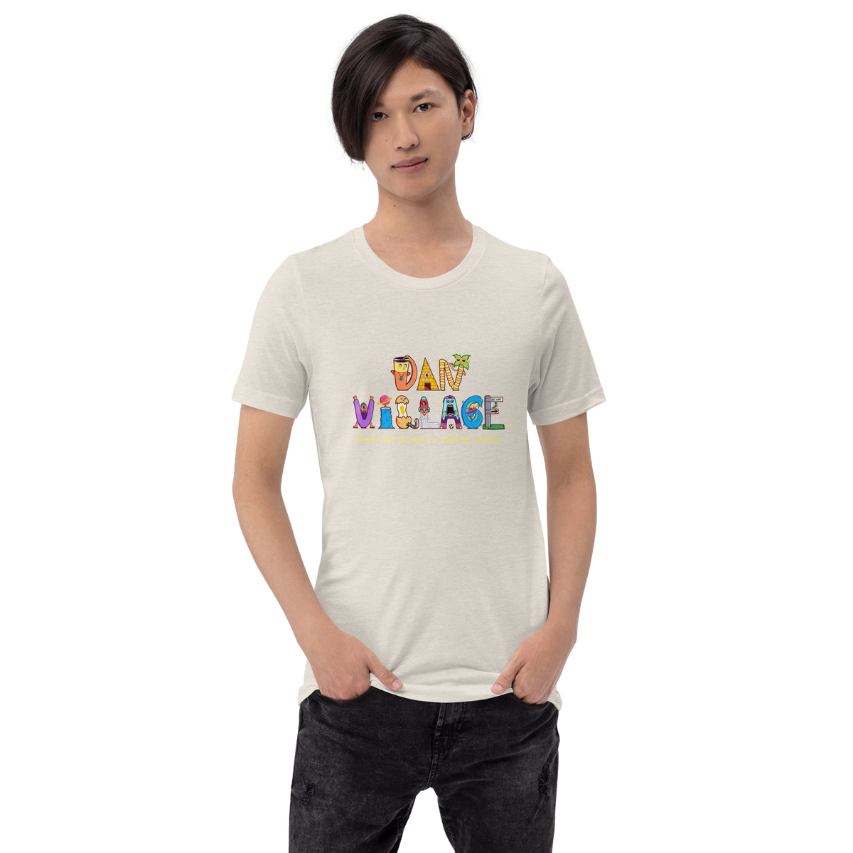 Hand-drawn Danvillage logo tee, an easy way to declare citizenship in a colorful world