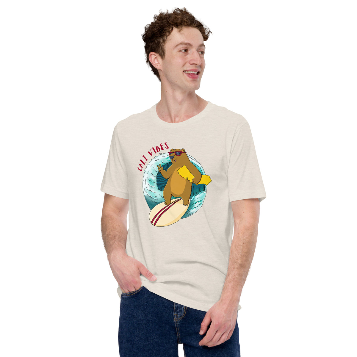 Hand-drawn surf bear graphic t-shirt, colourful wearable art for beach people