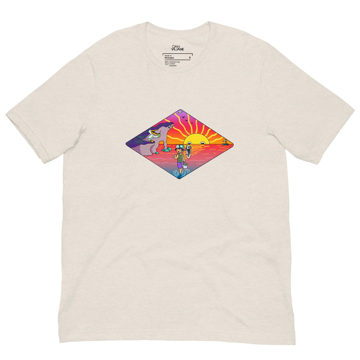 Gift for fishing people, an illustrated island sunset tee from Danvillage Art Lab