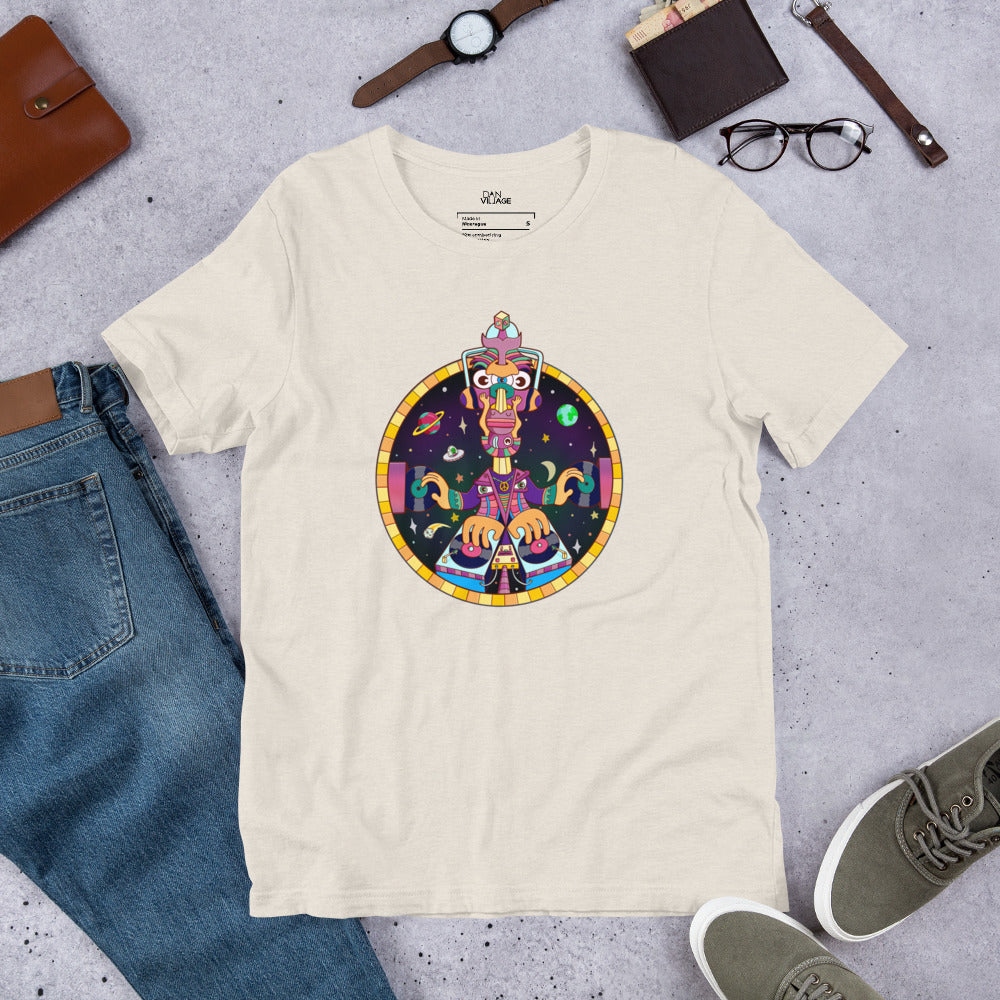 Graphic music t-shirt featuring a surreal outer space DJ scene from Danvillage Art Lab