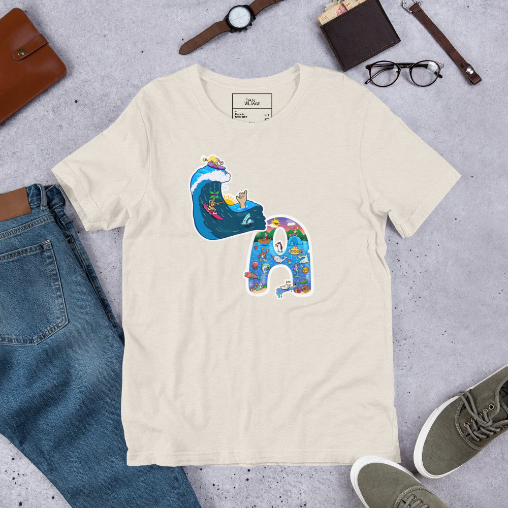 Colorful hand-drawn t-shirt for surfers and beach lovers by Santa Barbara illustrator Daniel Sulzberg