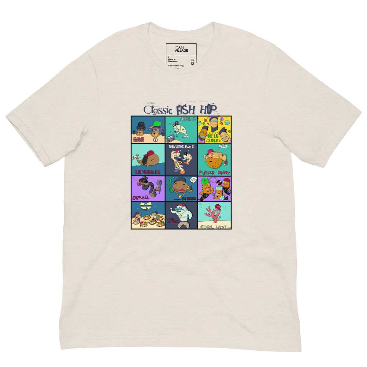 Underwater 90s hip hop fish design, printed on an illustrated music t-shirt