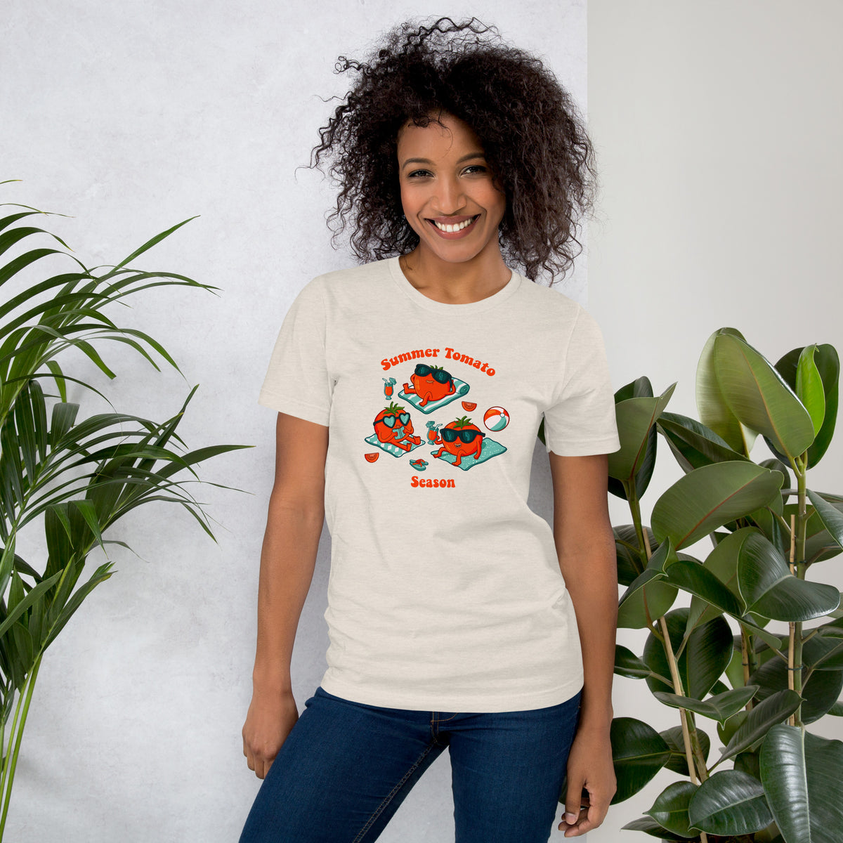 Peak season tomato tee with playful illustrated produce and bold colour