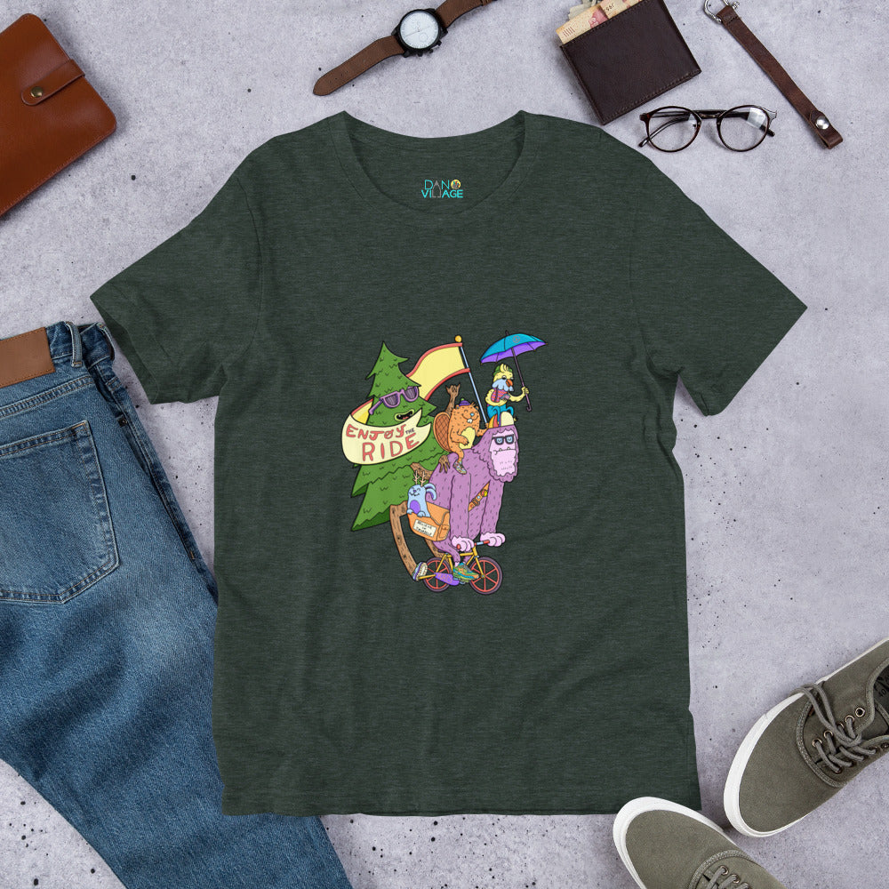 Original sasquatch cycling artwork on a graphic tee for riders who take it easy