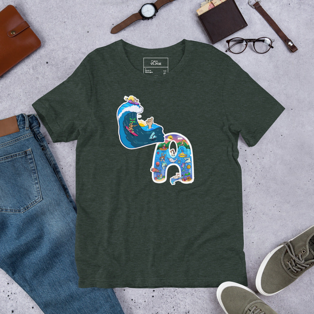 T-shirt featuring a sunny ocean and surf illustration by Santa Barbara illustrator Daniel Sulzberg