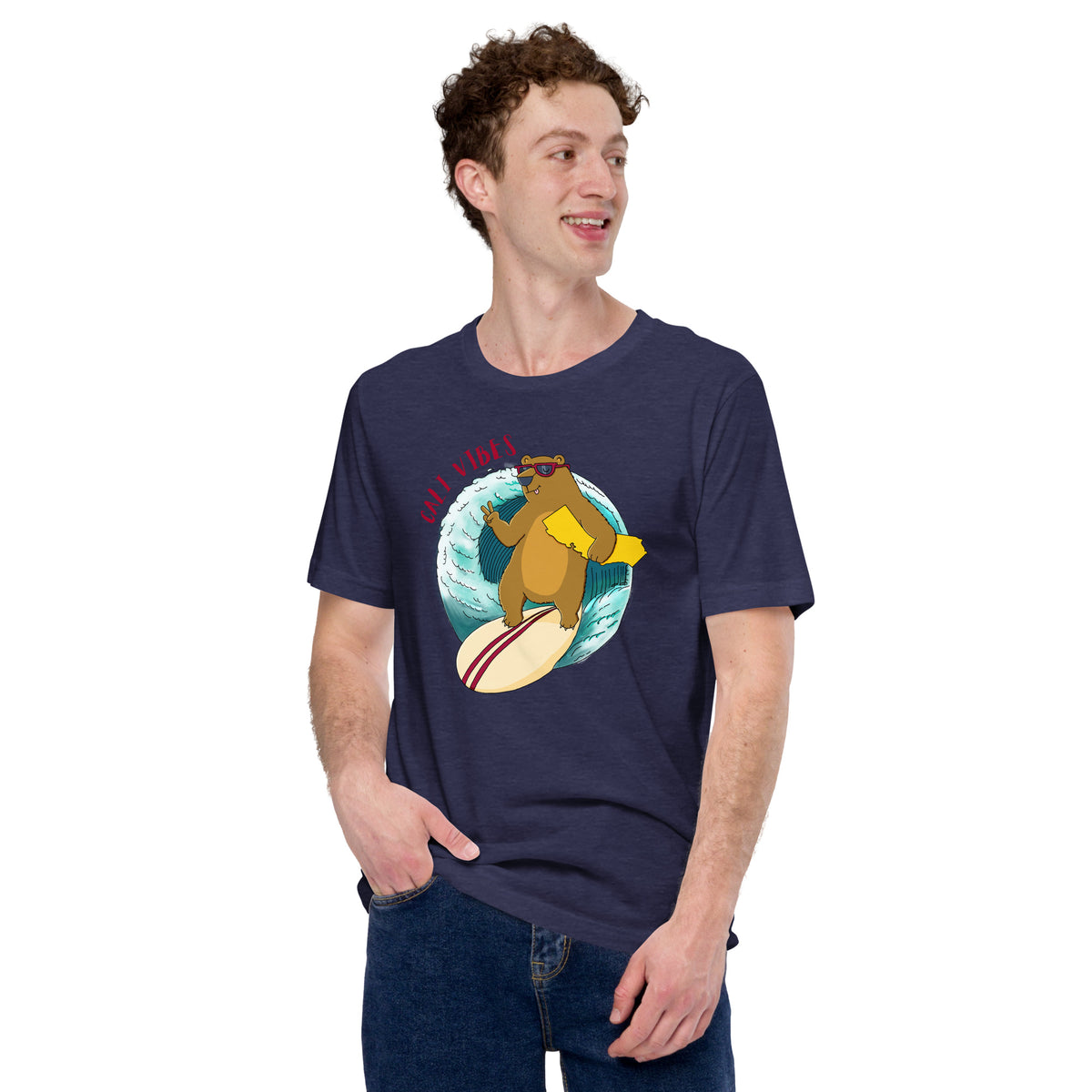 Original California bear surf artwork on a hand-drawn graphic t-shirt for ocean lovers