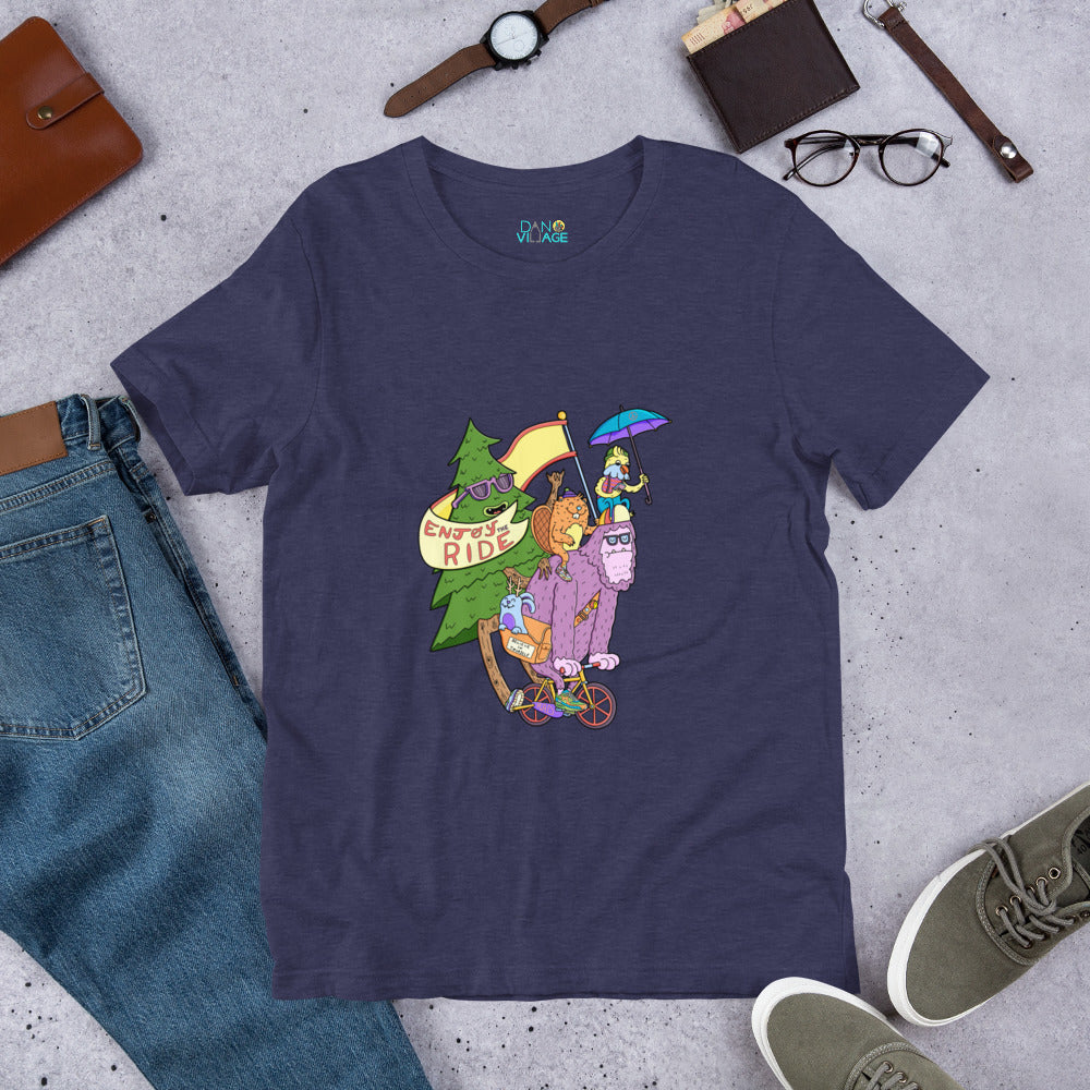 Illustrated bigfoot on a bicycle graphic t-shirt from Danvillage Art Lab