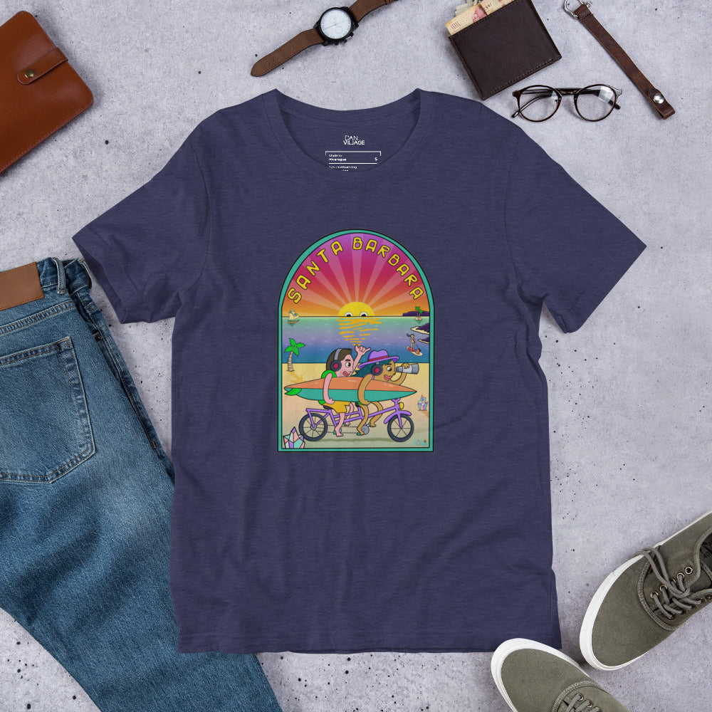 Illustrated beach cruiser and surf t-shirt for people who love the California coast