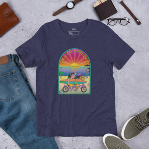 Santa Barbara Life California Sunset bikes Surfing ocean and beach happy bright Unisex t-shirt