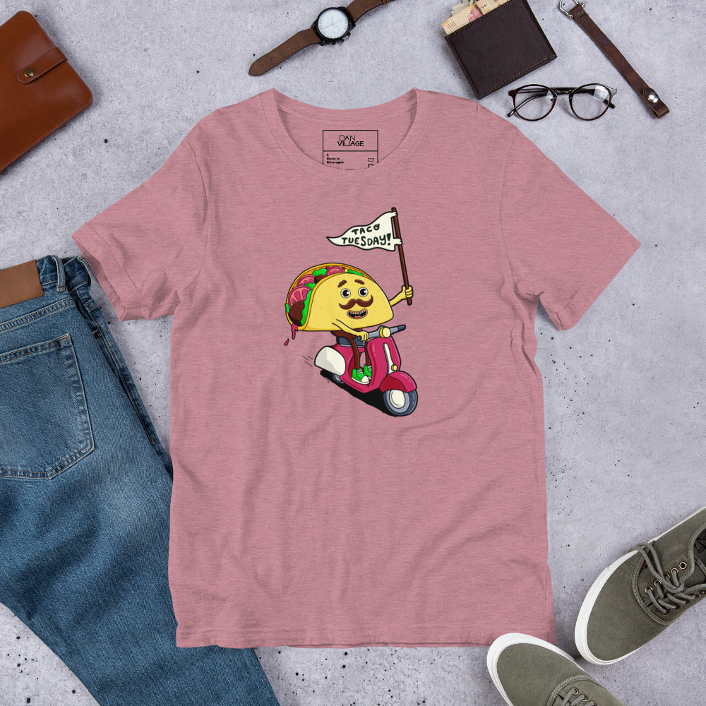 Funny graphic tee featuring a hand-drawn taco illustration by illustrator Daniel Sulzberg