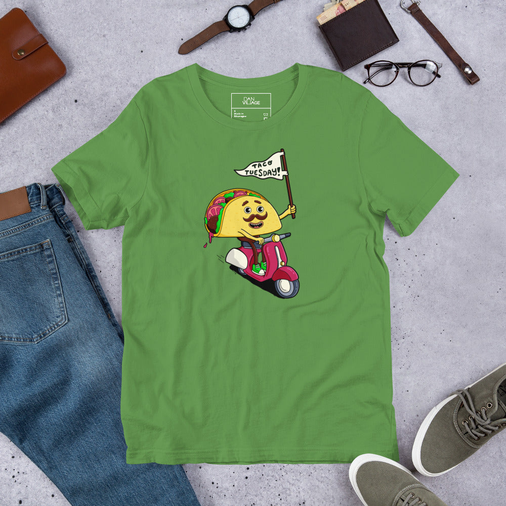 Colorful hand-drawn t-shirt built around a bold Taco Tuesday graphic by Danvillage Art Lab