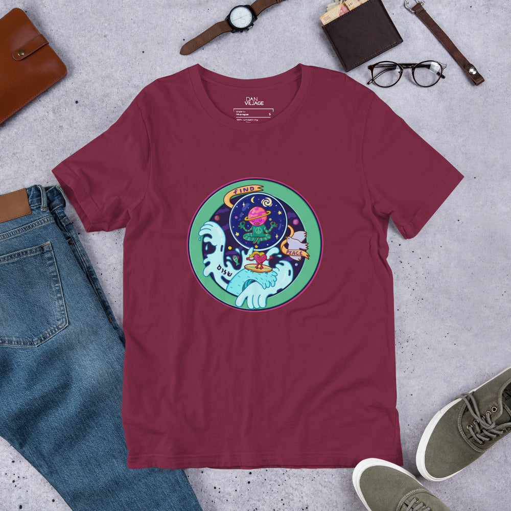 Find Peace graphic t-shirt drawn by Santa Barbara illustrator Daniel Sulzberg