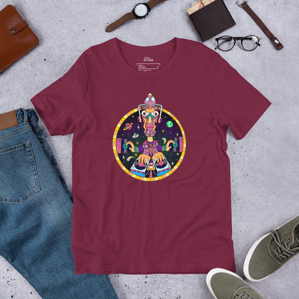 Surreal illustrated t-shirt where a DJ spins vinyl somewhere out in deep space