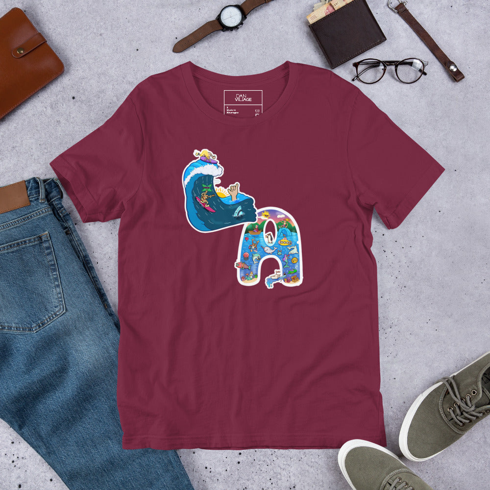 L.A. Beach Vibes artwork on an illustrated surf t-shirt for homesick Angelenos