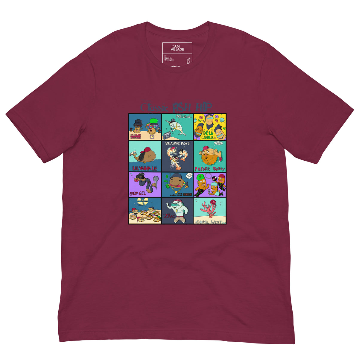 Hand-drawn rapping fish illustration, printed on an illustrated music t-shirt