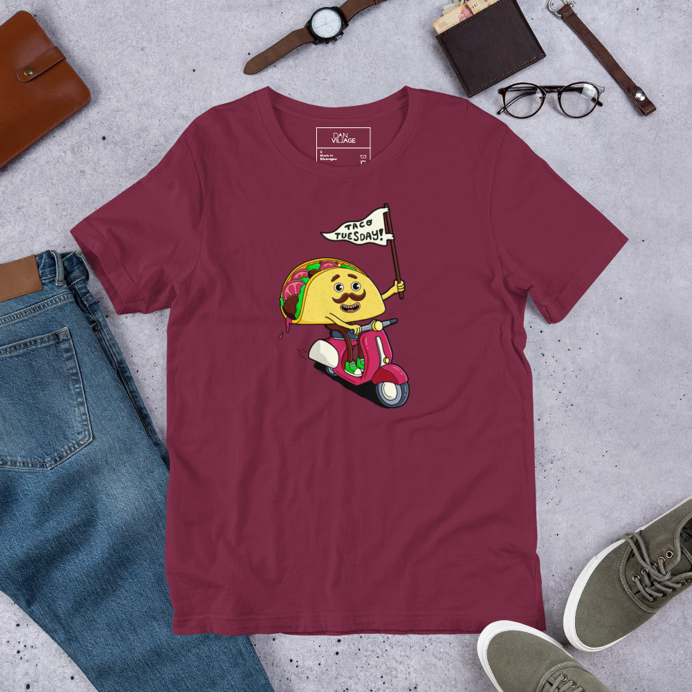 T-shirt featuring a hand-drawn taco illustration by Santa Barbara illustrator Daniel Sulzberg