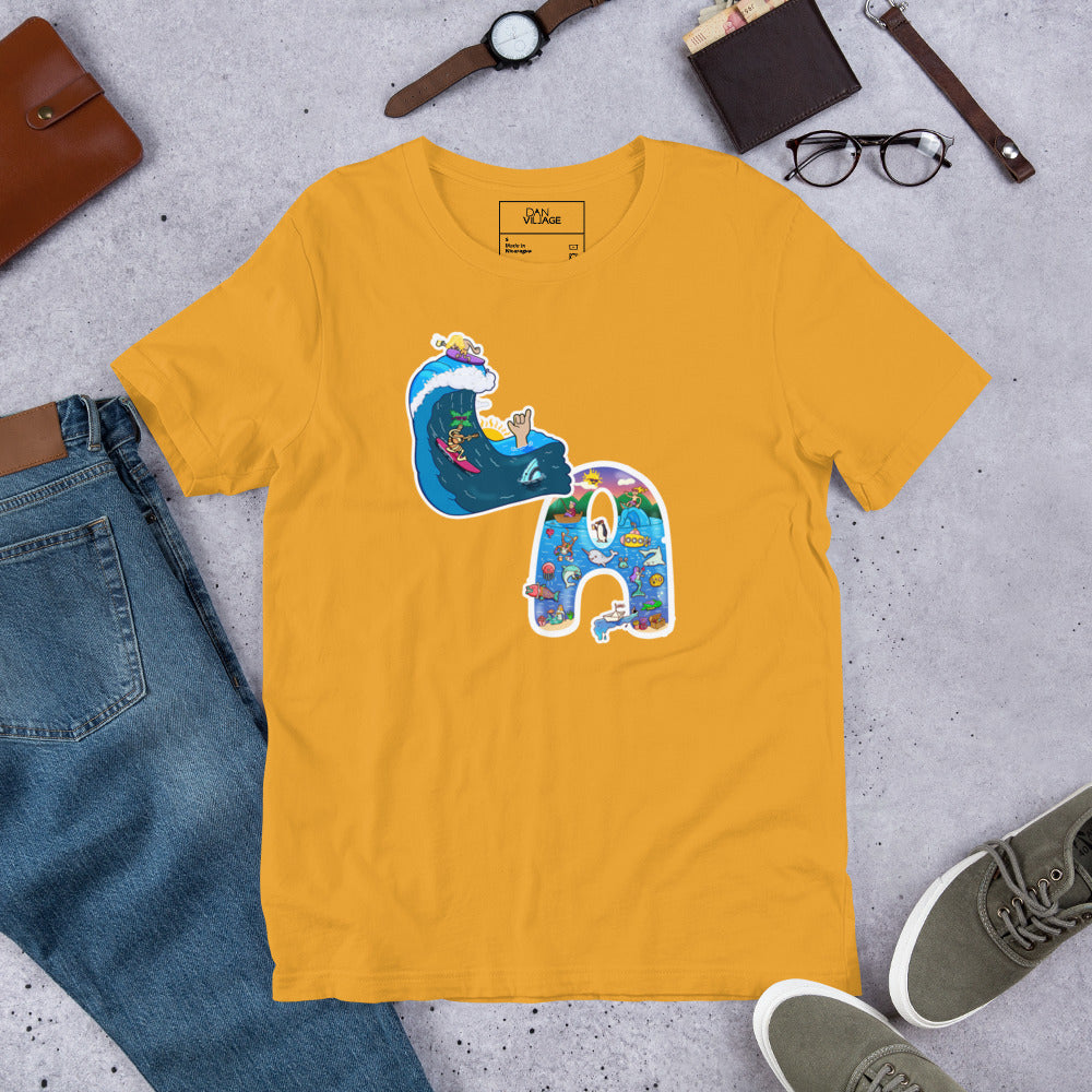 T-shirt featuring a sunny ocean and surf illustration by Danvillage Art Lab