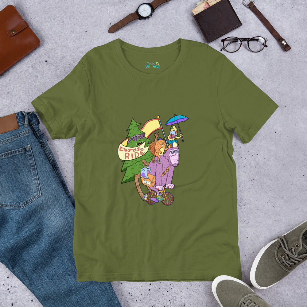 Hand-drawn sasquatch and bicycle tee carrying the two best words in cycling