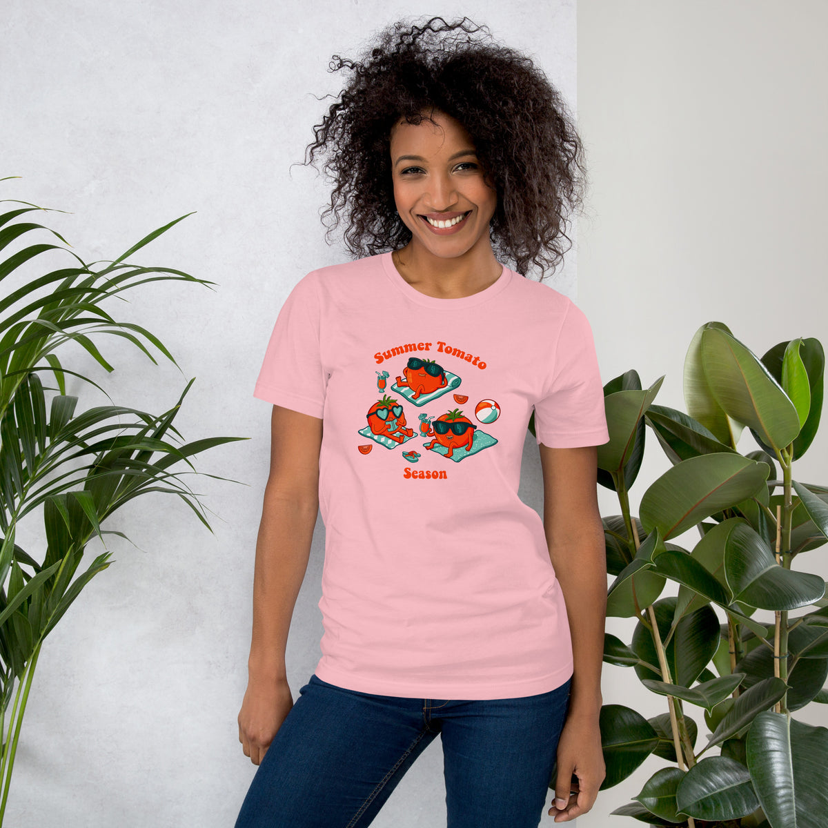 Farmers market gift t-shirt with bold illustrated tomatoes and warm summer colour