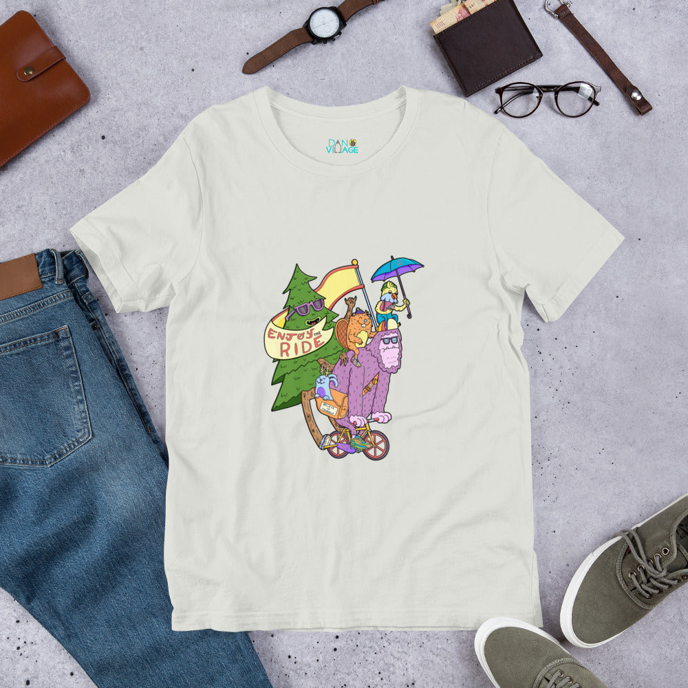 Playful hand-drawn cycling tee featuring a bigfoot who is in no particular hurry