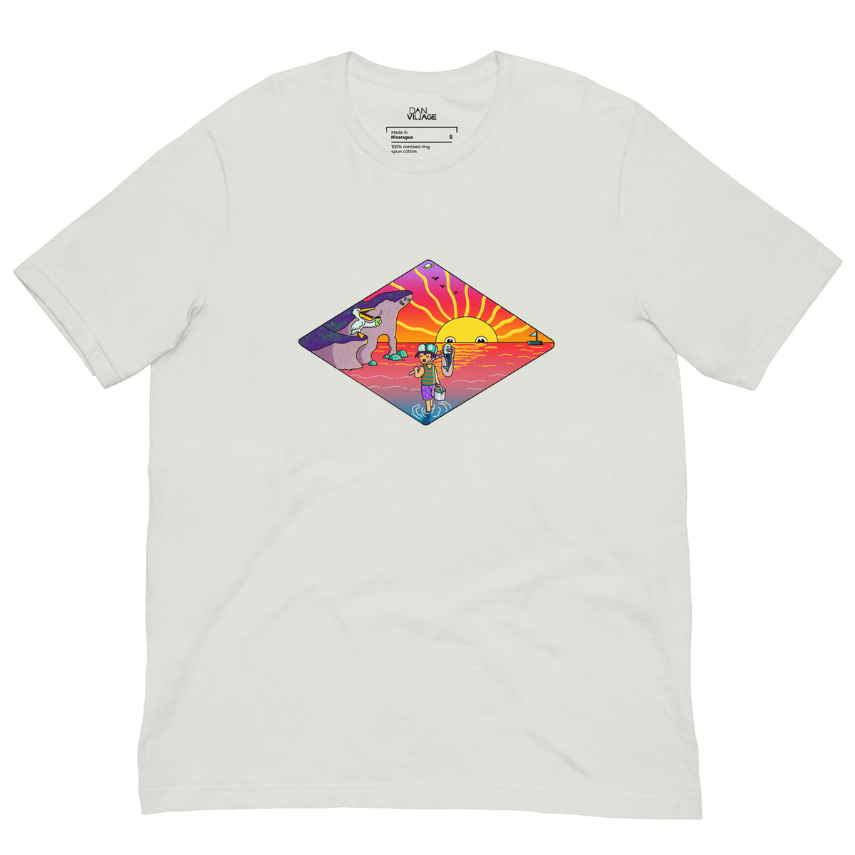 Bright hand-drawn ocean sunset tee by Daniel Sulzberg for slow morning people