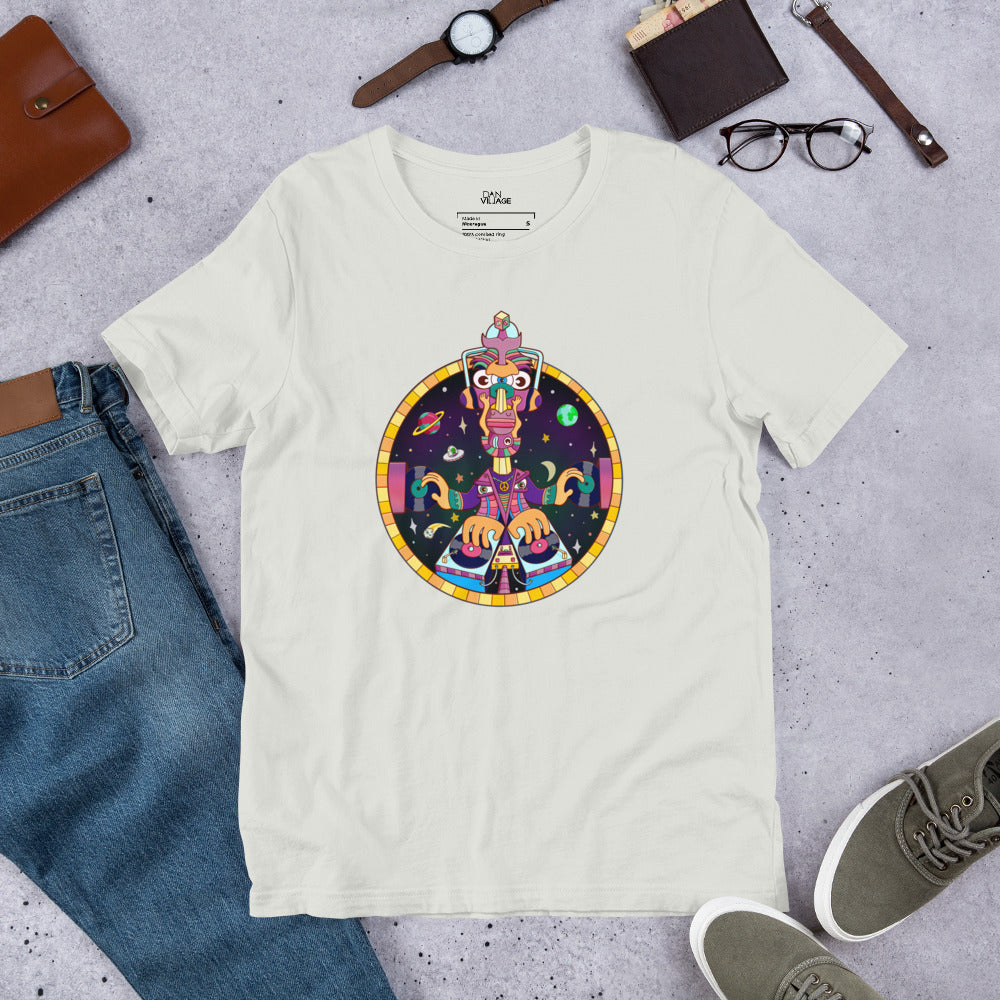 Wearable art tee for headphone people, featuring a surreal space DJ illustration