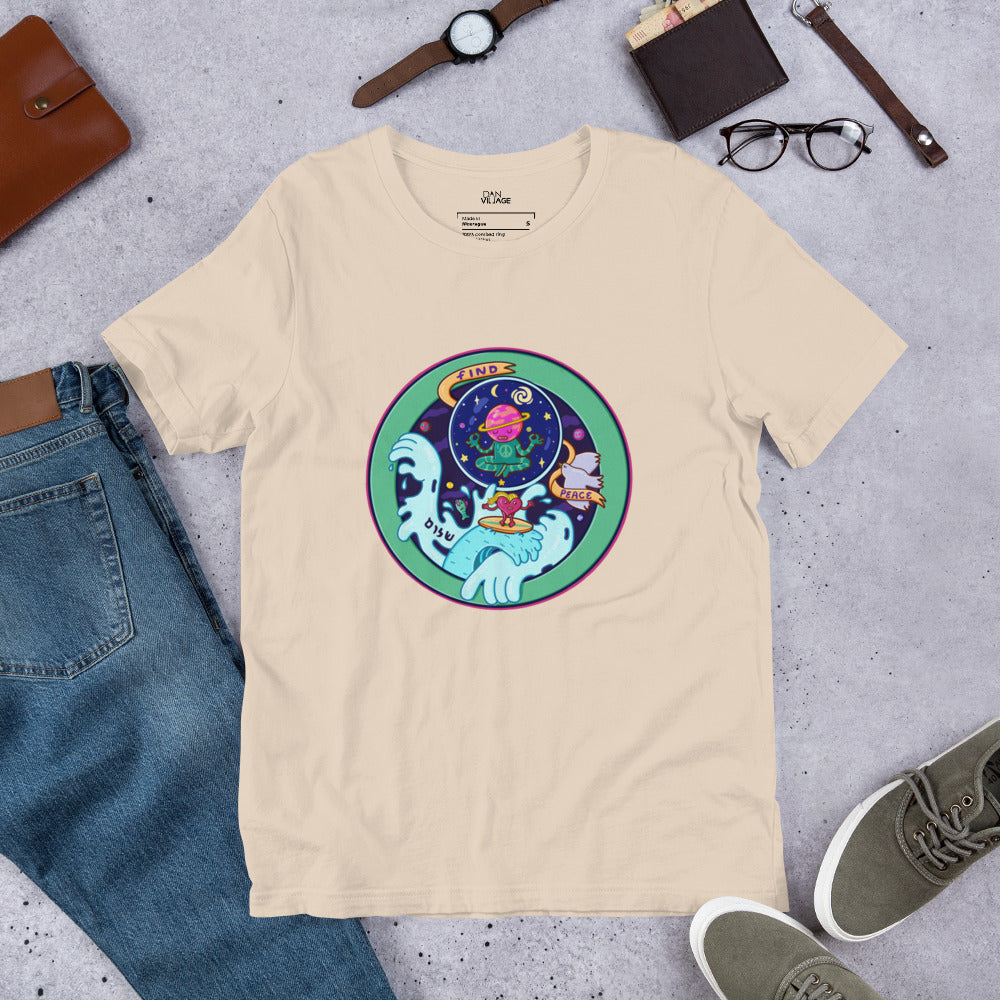 Hand-drawn Find Peace zen tee, original wearable art by illustrator Daniel Sulzberg