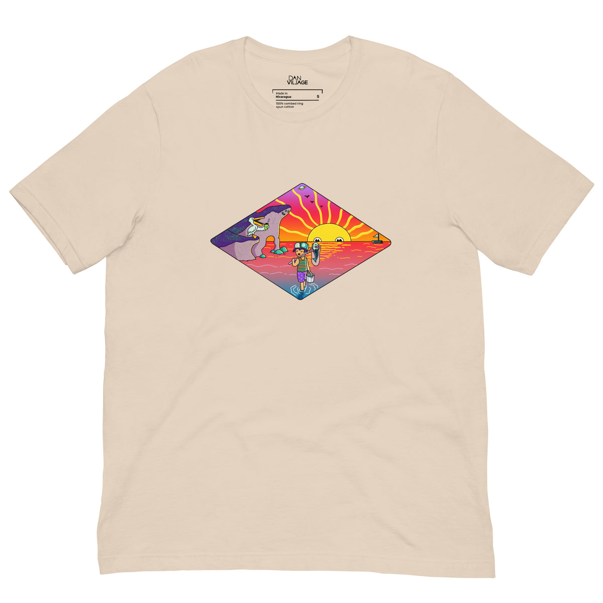 Original island life graphic t-shirt with a kid, a fishing line and a big sunset