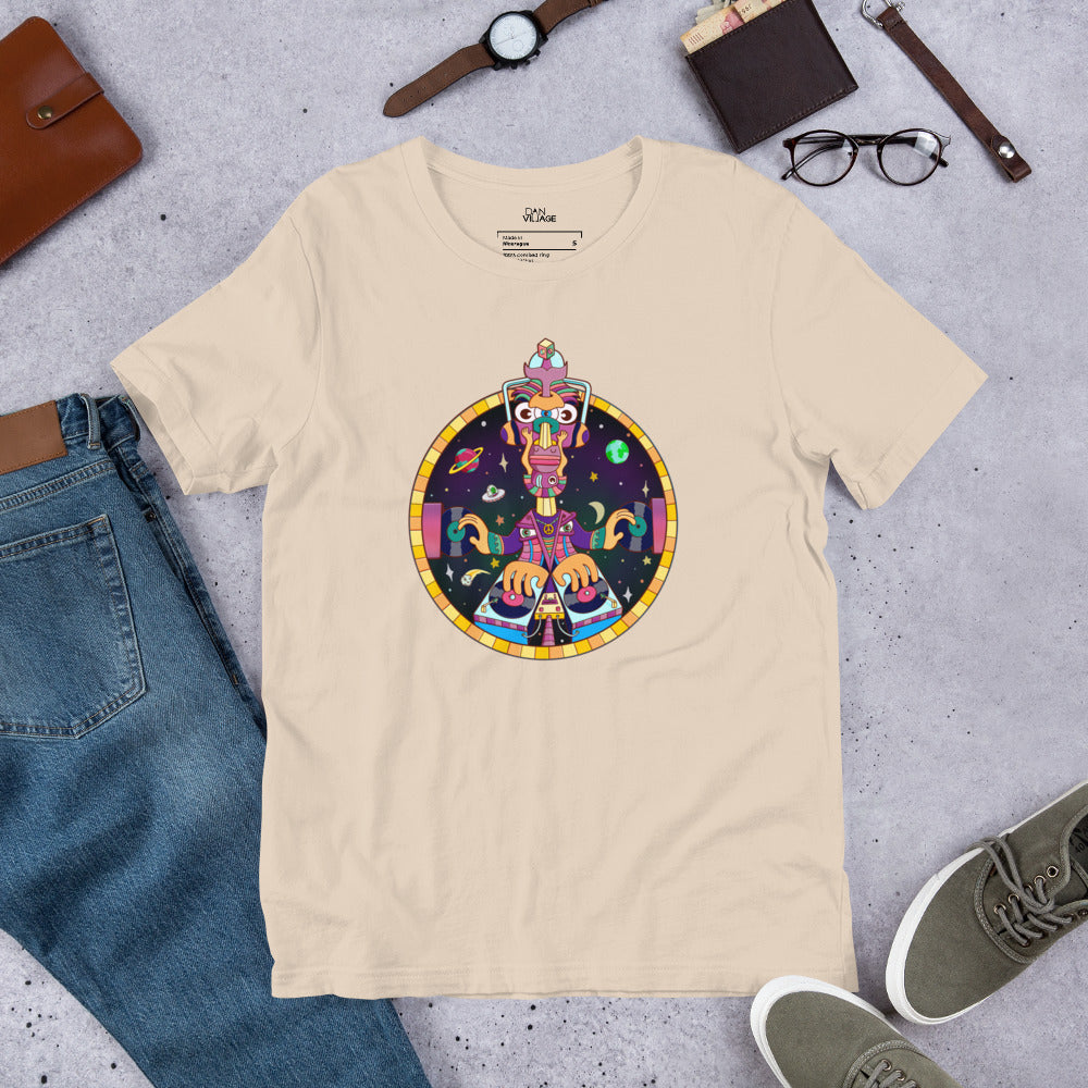 Outer space DJ graphic t-shirt with bold popwhimsy illustration and record crates