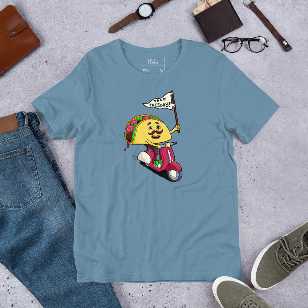 T-shirt with a bold Taco Tuesday graphic, made for the corn versus flour debate