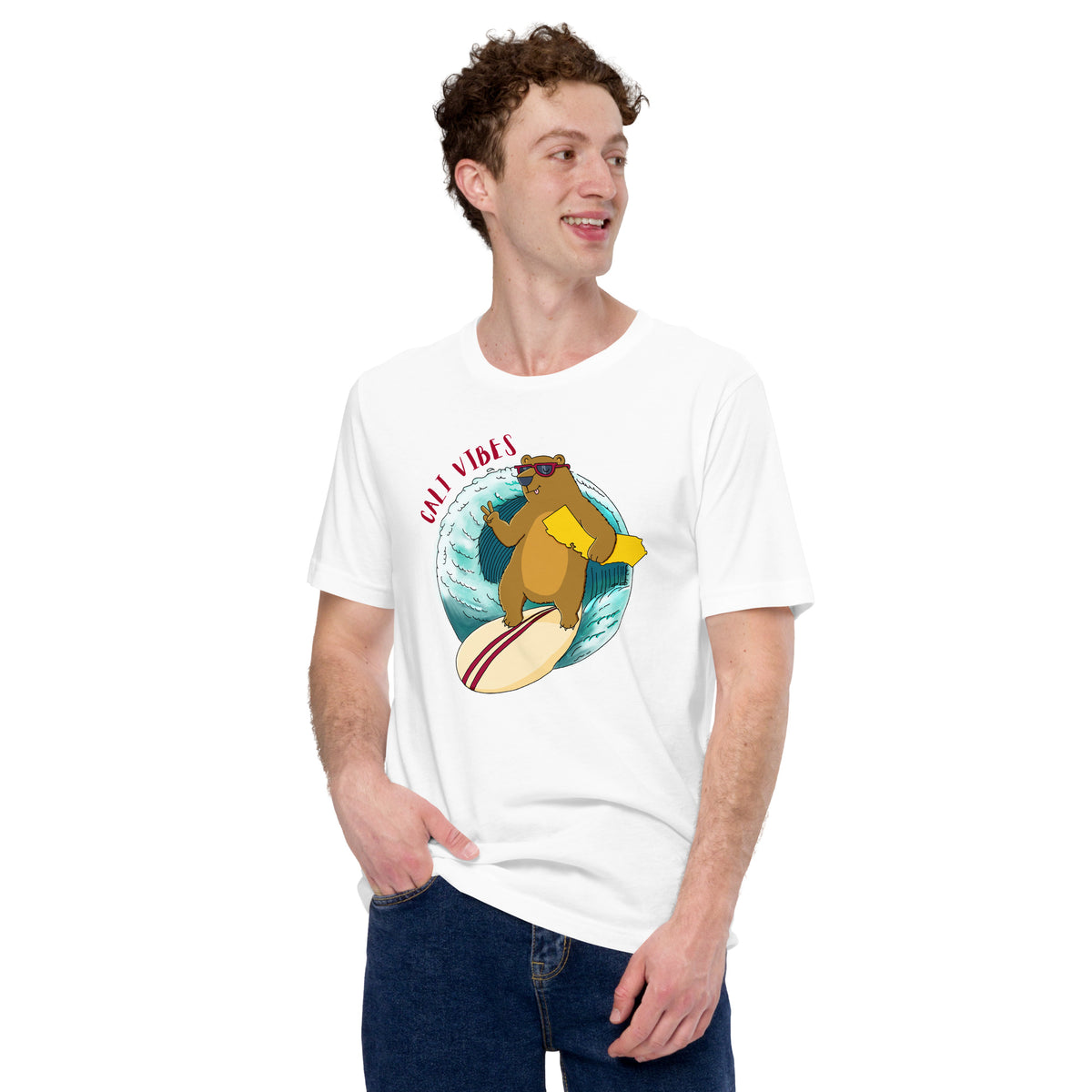 Gift for surfers and dads, a hand-drawn California surfing bear tee by Danvillage Art Lab