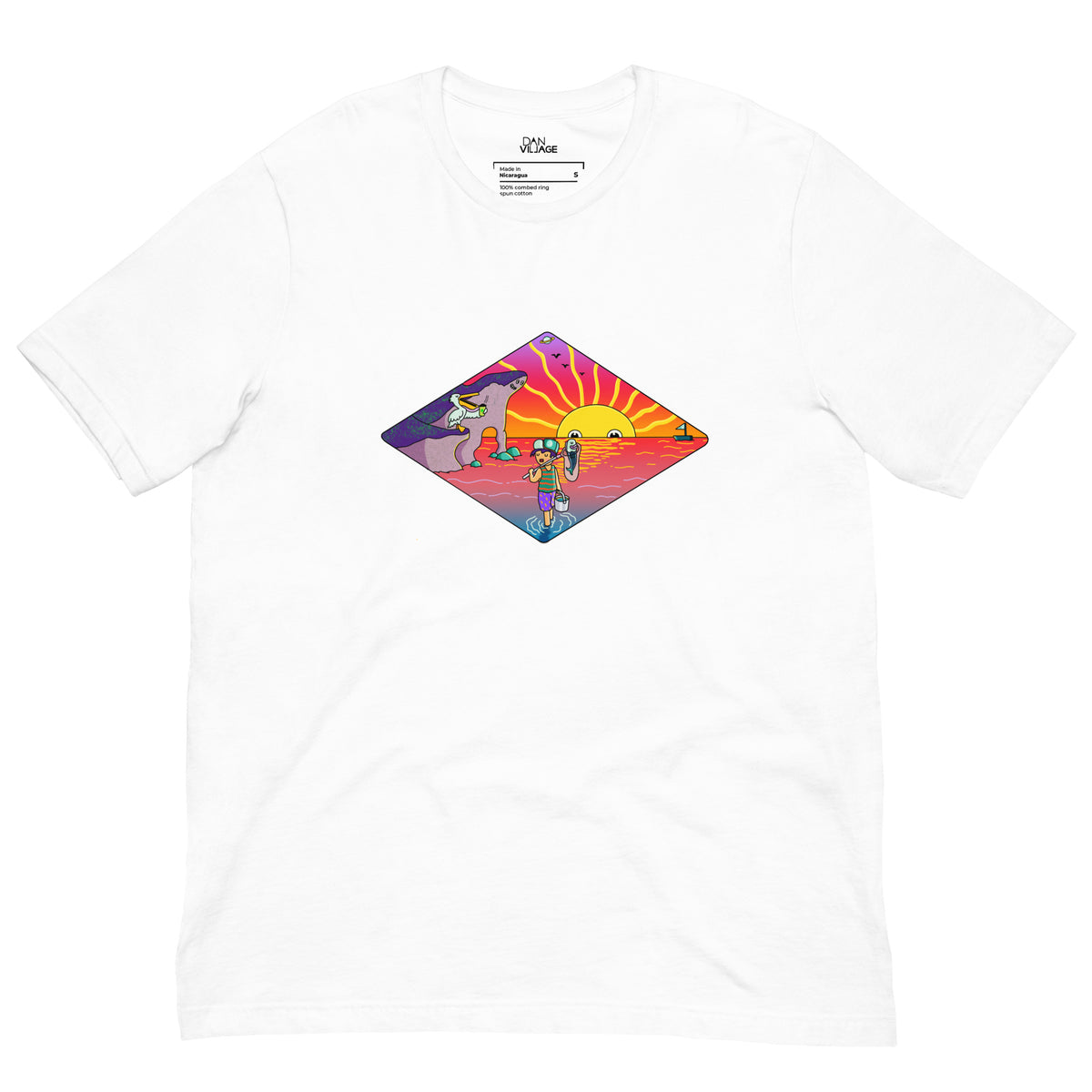 Colourful character-driven sunset t-shirt for fishing trips and beach mornings