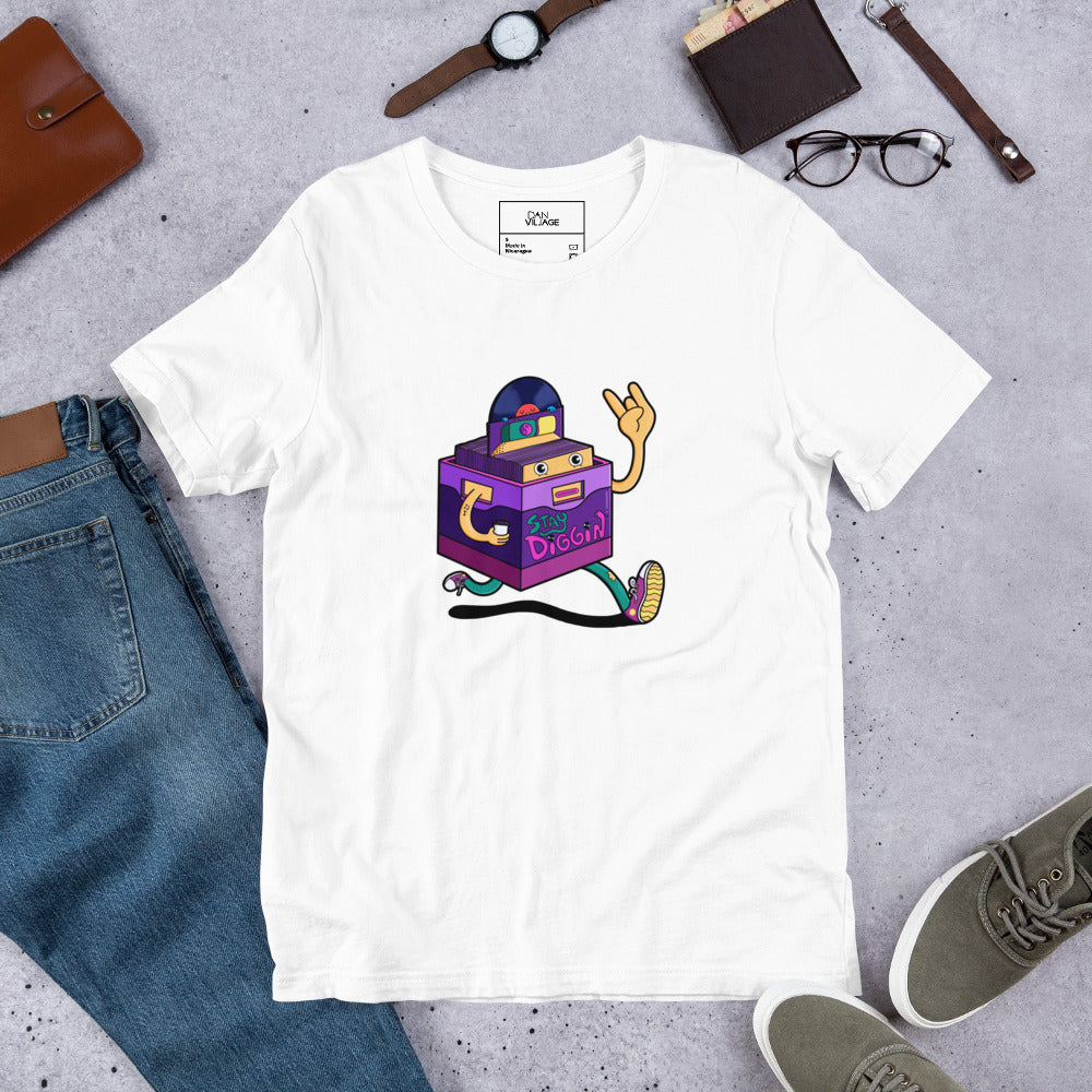 Record collecting t-shirt with playful hand-drawn vinyl illustration for music fans