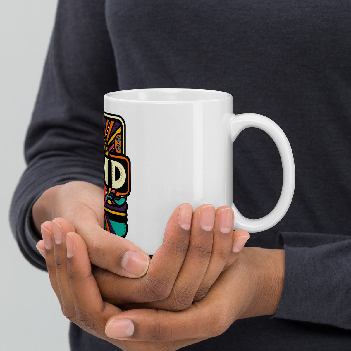 Hand-drawn brain and pencil artwork on a glossy ceramic mug for creatives