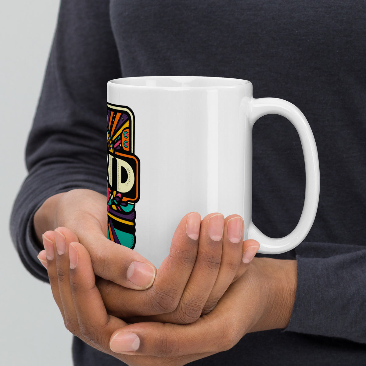 Funny creative-industry coffee mug with bold original character illustration