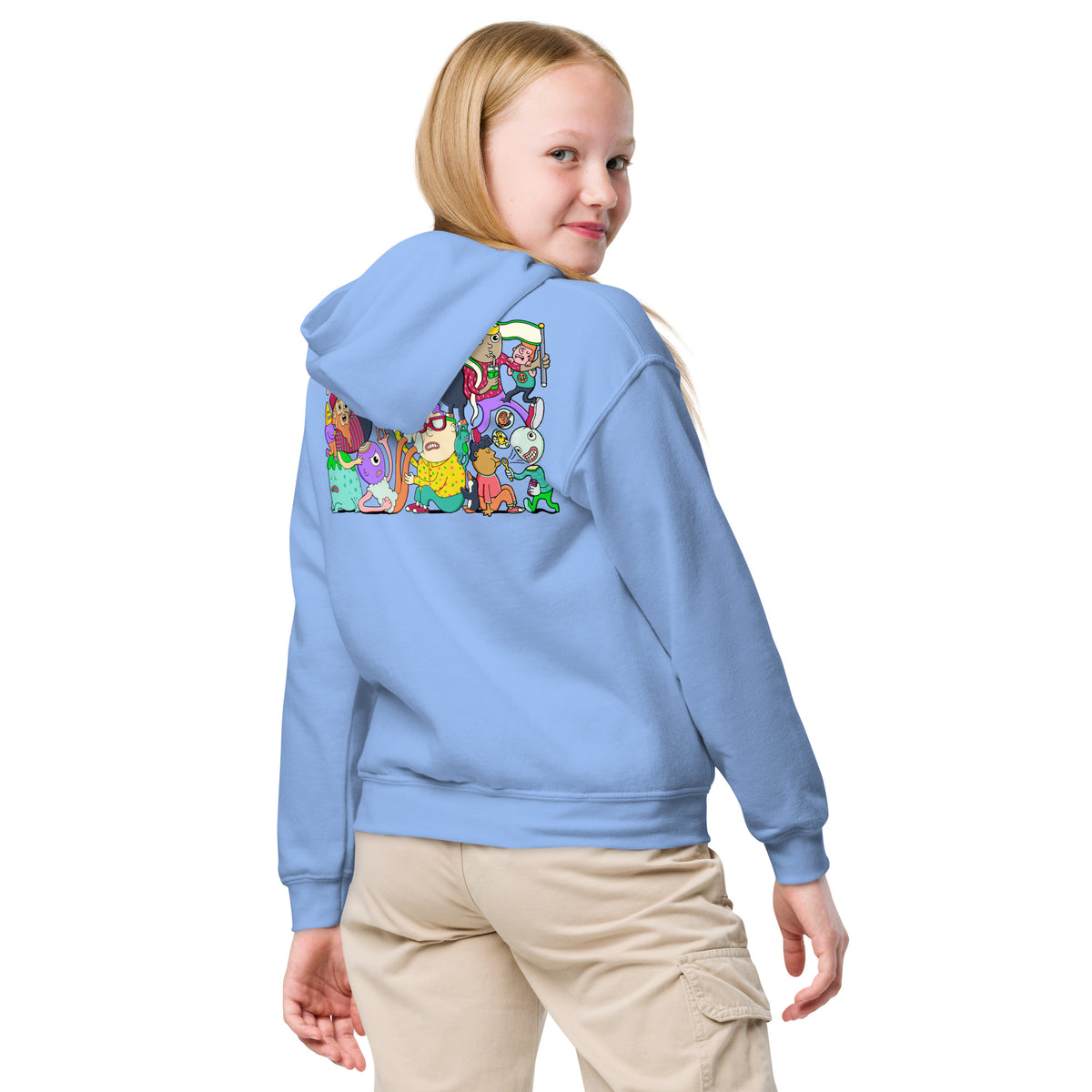 Bright illustrated hoodie for teens who like art, colour and busy detail
