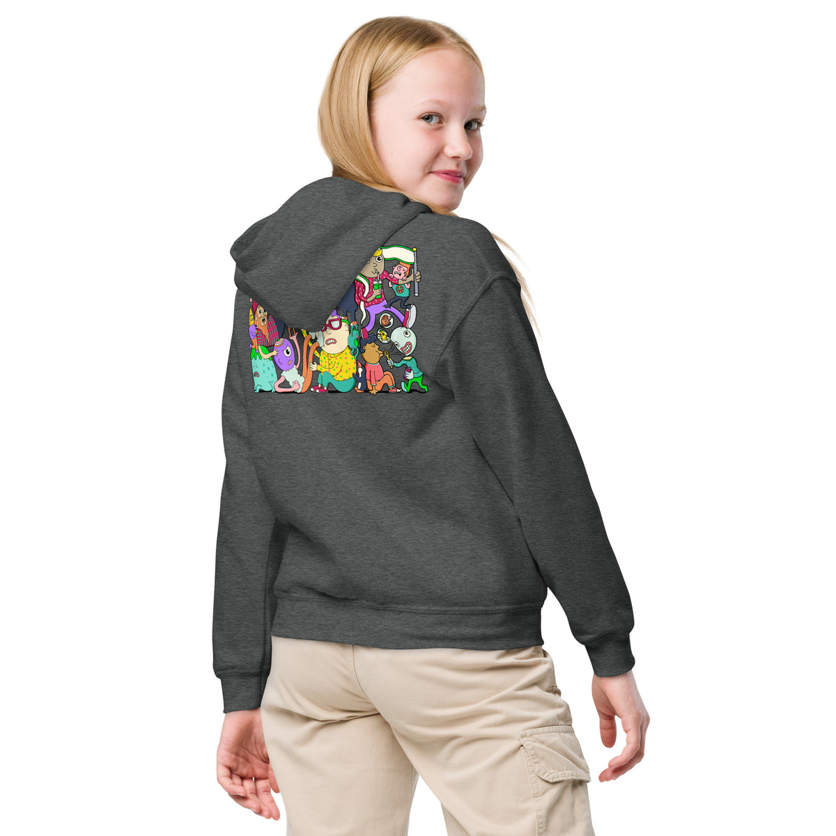 Kids graphic hoodie drawn by illustrator Daniel Sulzberg in bold cartoon colour