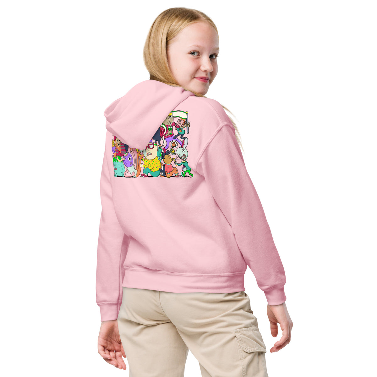 Illustrated kids hoodie in bold popwhimsy style, full of colour and characters