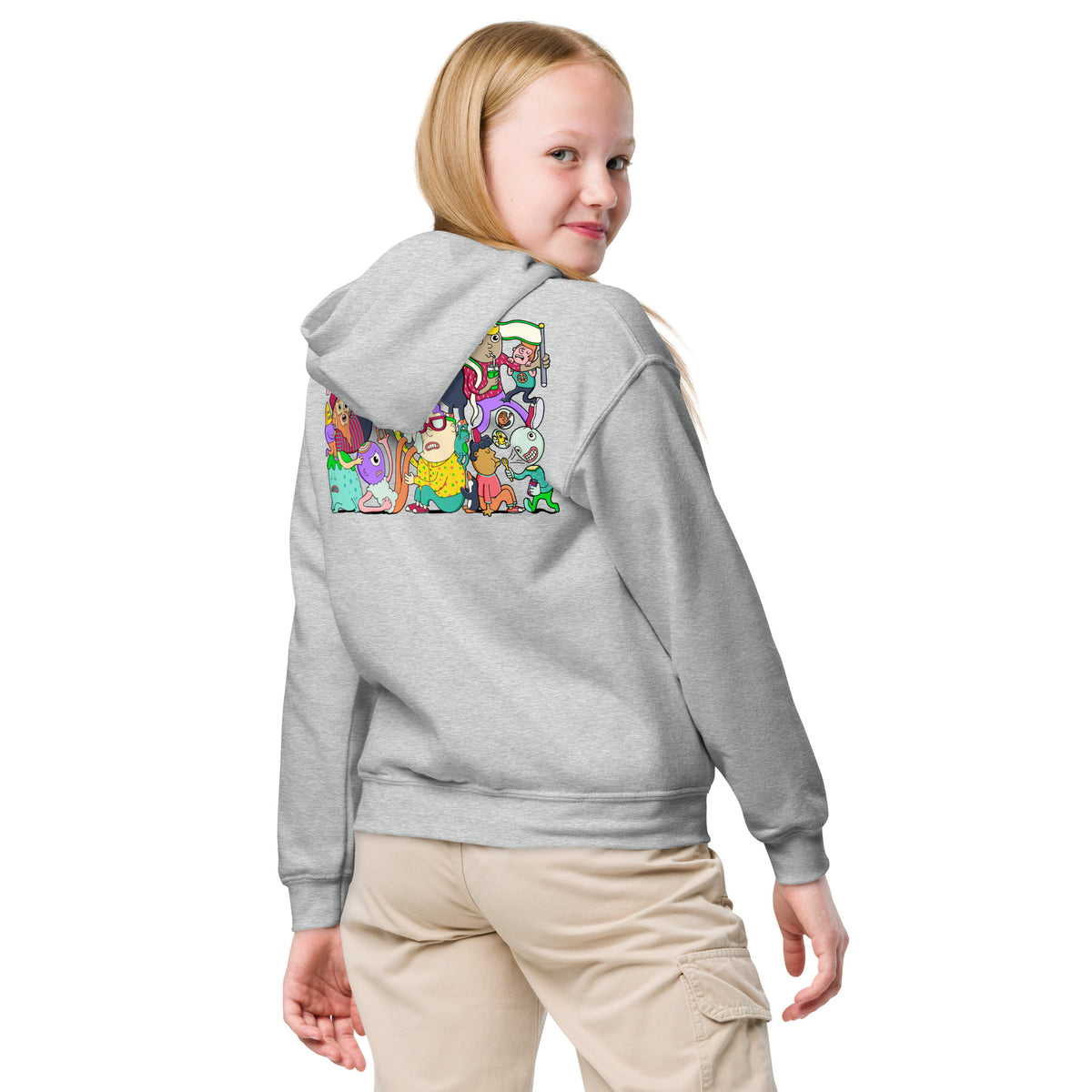 Kids streetwear hoodie with a busy illustrated head design and bright colour