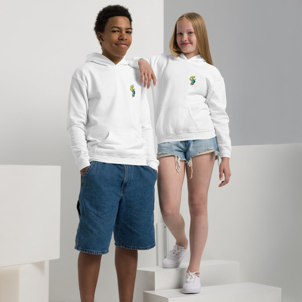 Youth hoodie with a skateboarding turtle character design, made for aspiring skaters by Danvillage Art Lab